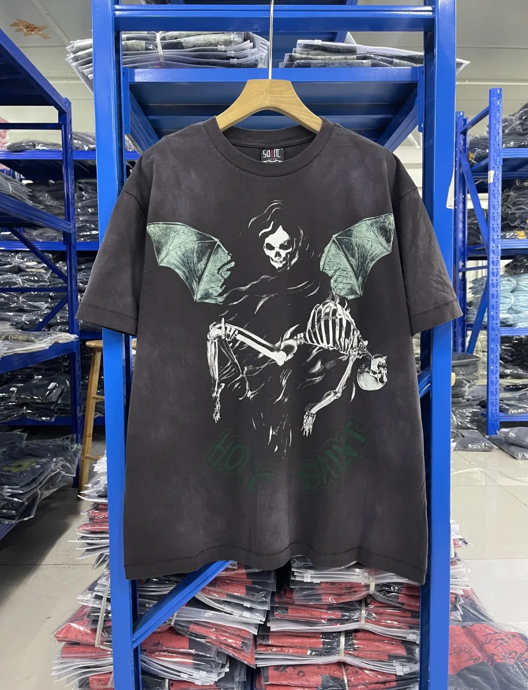 Spot ST408 style washed gray P146 Saint Michael 25SS "holy saint" evil bat print washed distressed T-shirt size S-M-L-XL